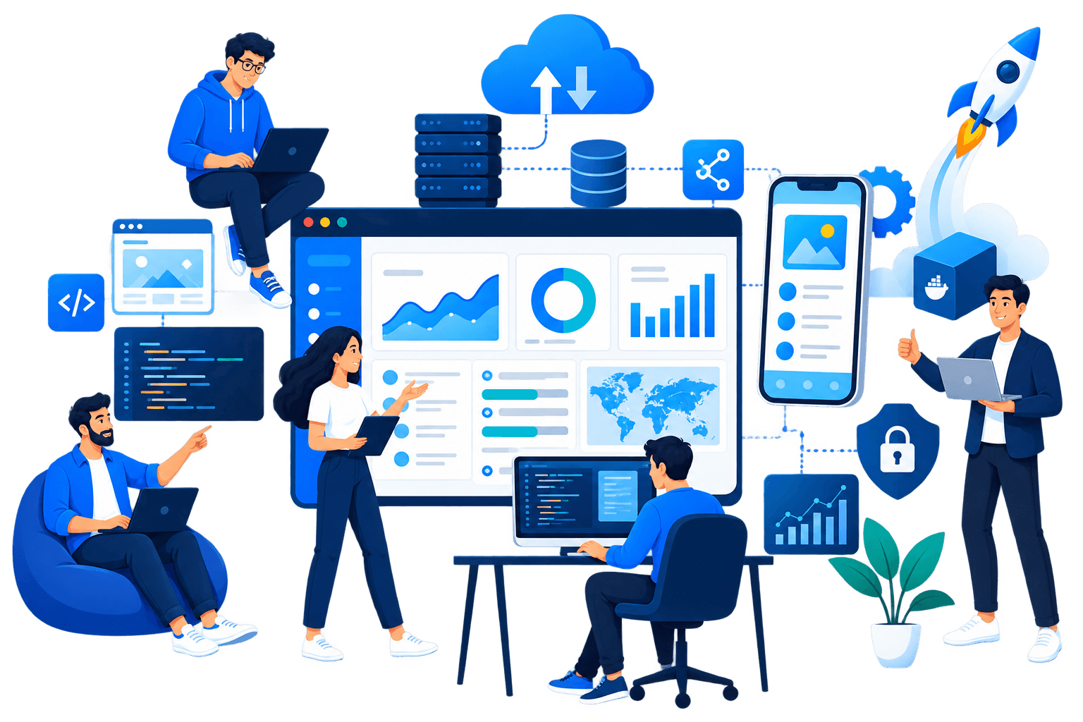 Software team delivering connected web, mobile, cloud, API, security and analytics products