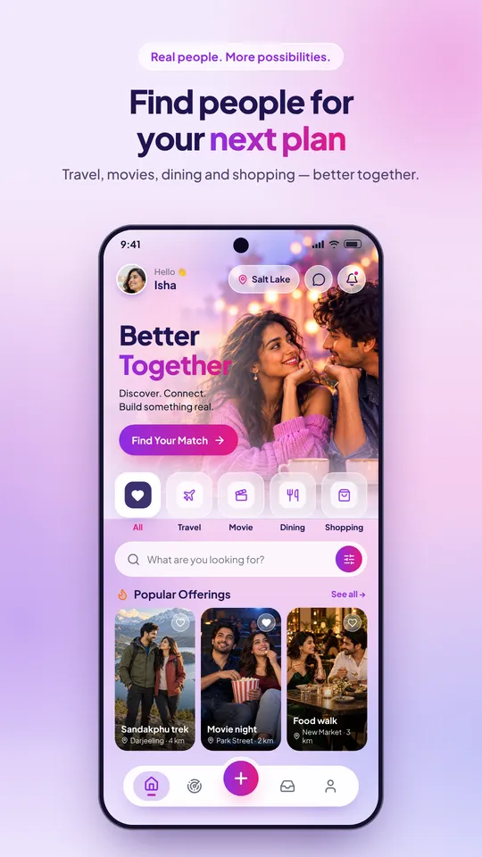 Allyo home feed showing people and Offerings nearby
