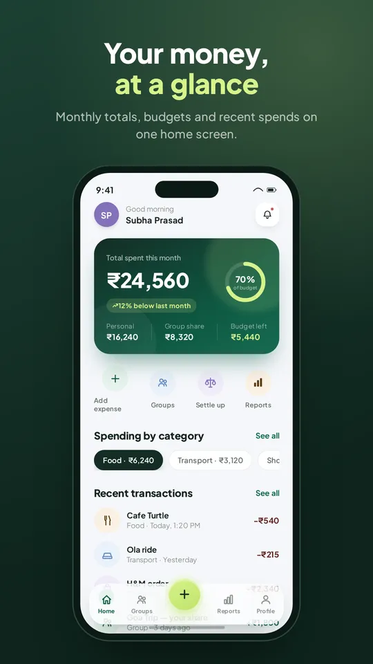 BalanceUp home screen with monthly total and recent spends