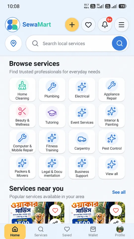 SewaMart app home screen with service categories and nearby services
